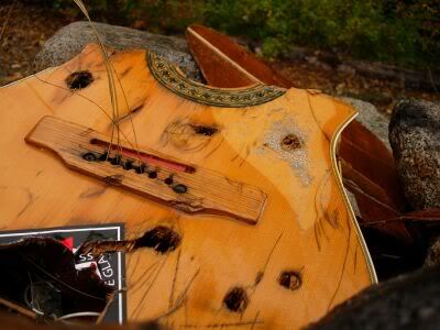 Bullet-ridden guitar in firepit on beach