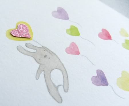 watercolour greeting card with rabbit and hearts