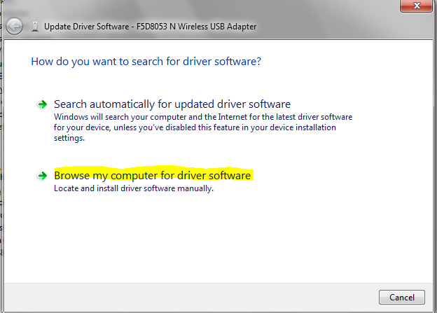 to search for driver software?", select "Browse my computer for driver ...